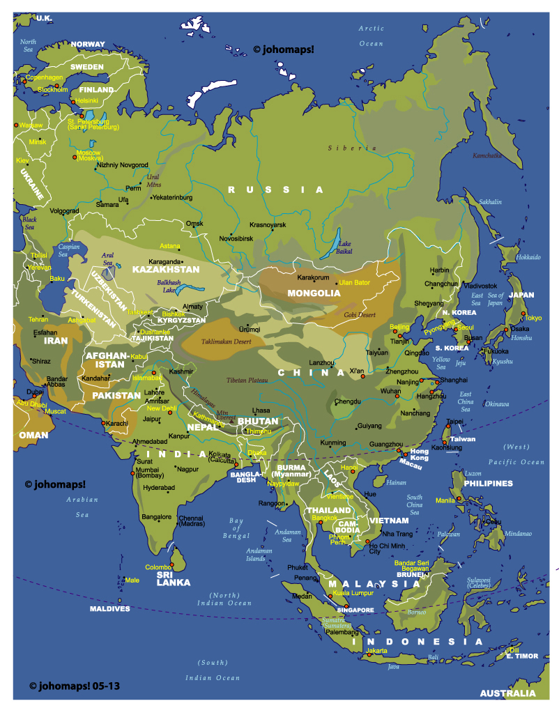Physical and Administrative Map of Asia