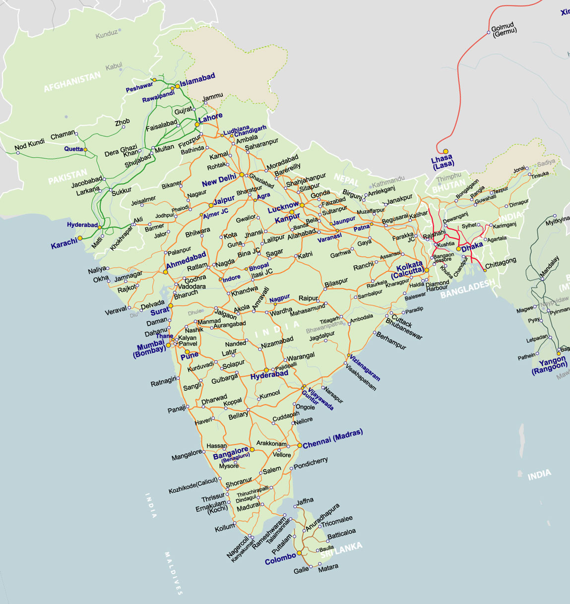 Rail Map of India, Pakistan, Bangladesh, and Sri Lanka