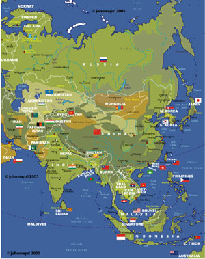 Map of Asian countries and flags