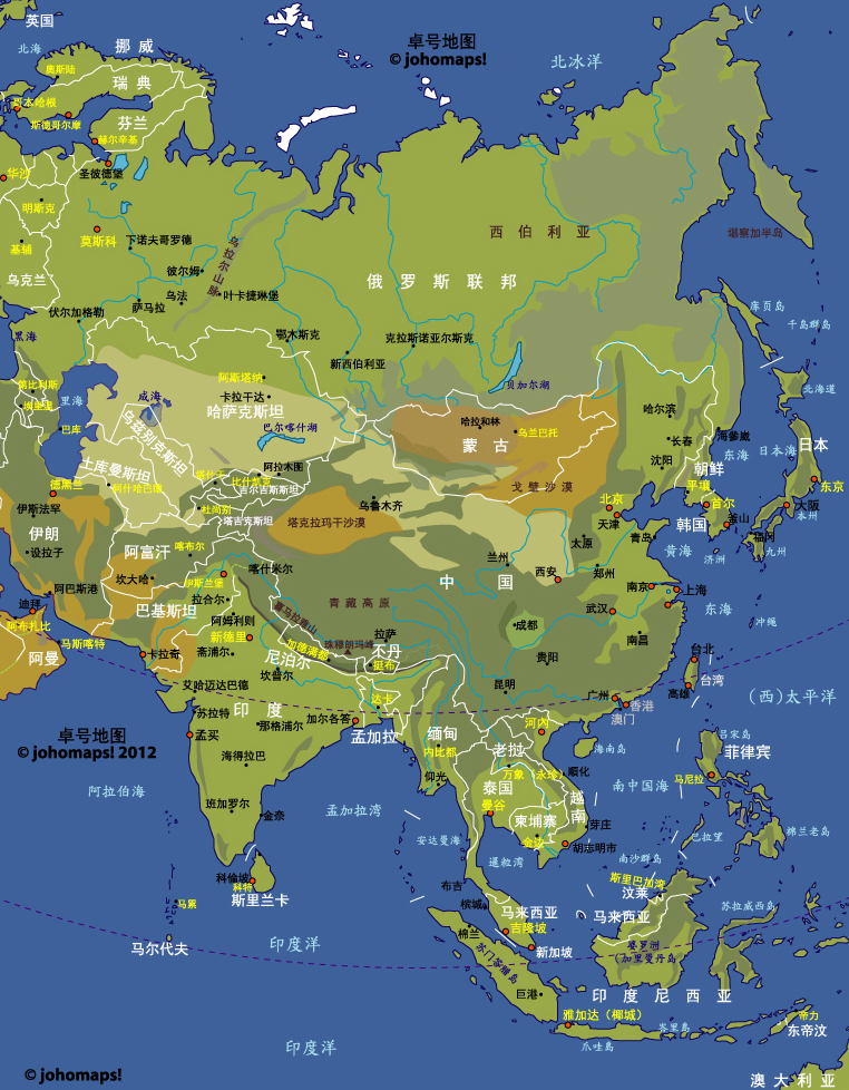 亞洲地貌及行政地圖