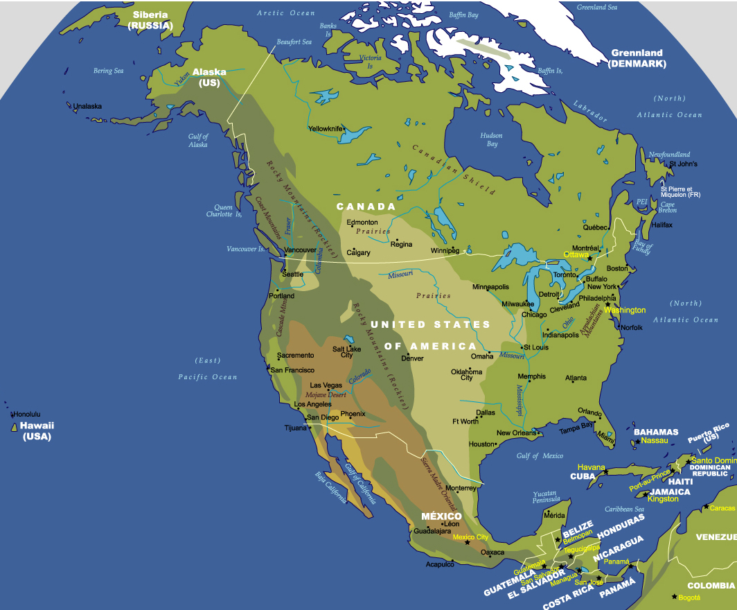 北美洲行政及地貌地圖