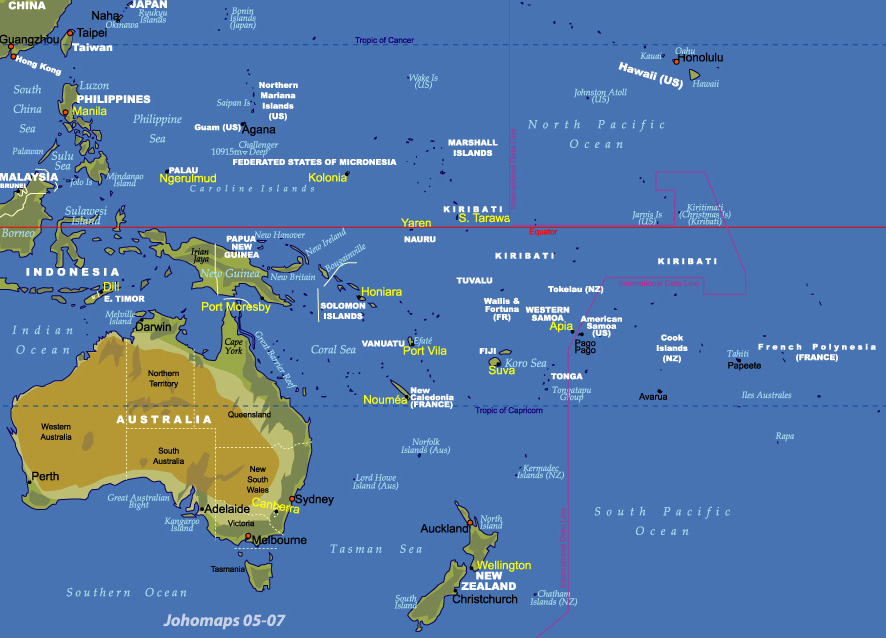 Physical and Administrative Map of Oceania