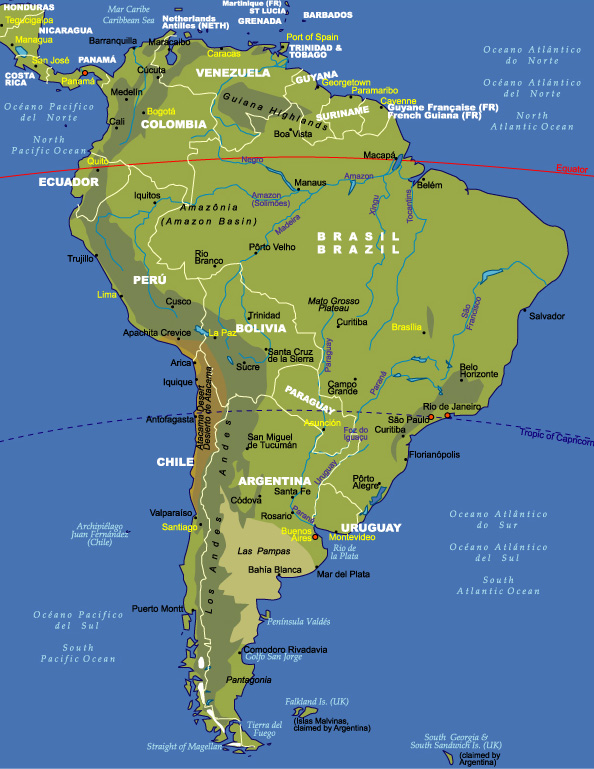 Physical and Administrative Map of South America